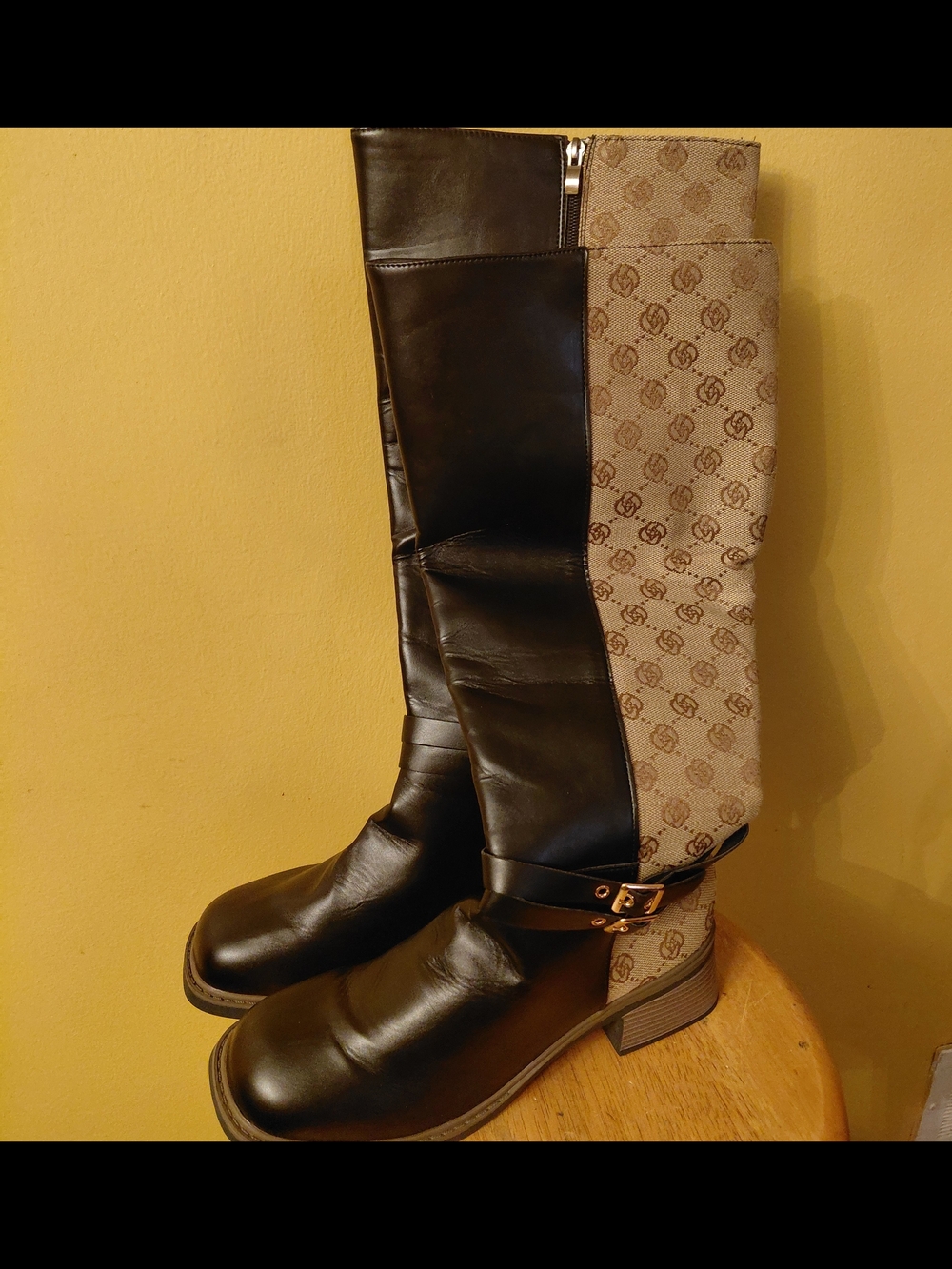 Black and Beige Patterned Women's Knee Boots with Buckle Accent